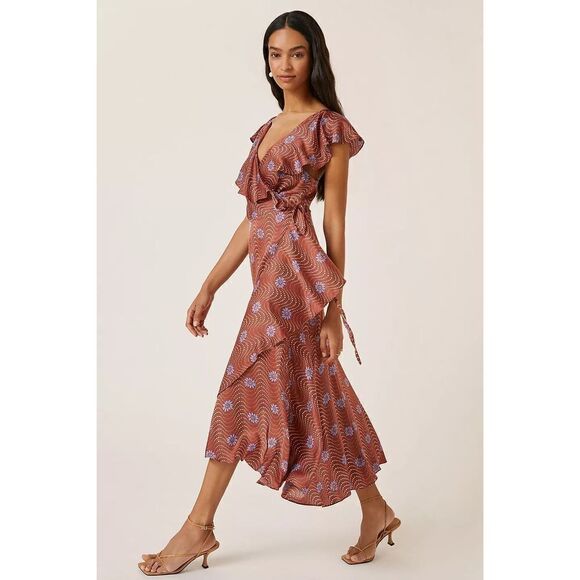 New Anthropologie Ruffle-Sleeve Printed-Wrap Maxi Dress Size XS - Picture 2 of 9